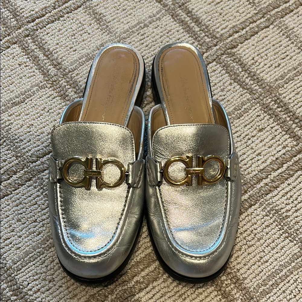 Salvatore Ferragamo Silver Women's Loafers with gold buckle
